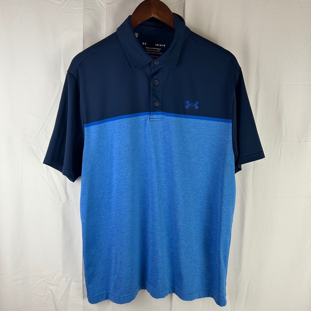 Under Armour Playoff Polo Mens Large Blue Colorblock HeatGear Short Sleeve Shirt